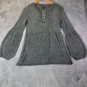 August Silk Womens L Shimmer Knit Lace Up Balloon Sleeve Top Elegant Classic